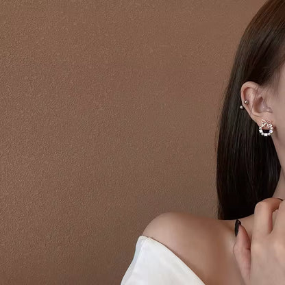 Elegant Pearl Bow Stud Earrings for Women – Round Wreath Design with Zircon Detail, Korean Fashion Jewelry